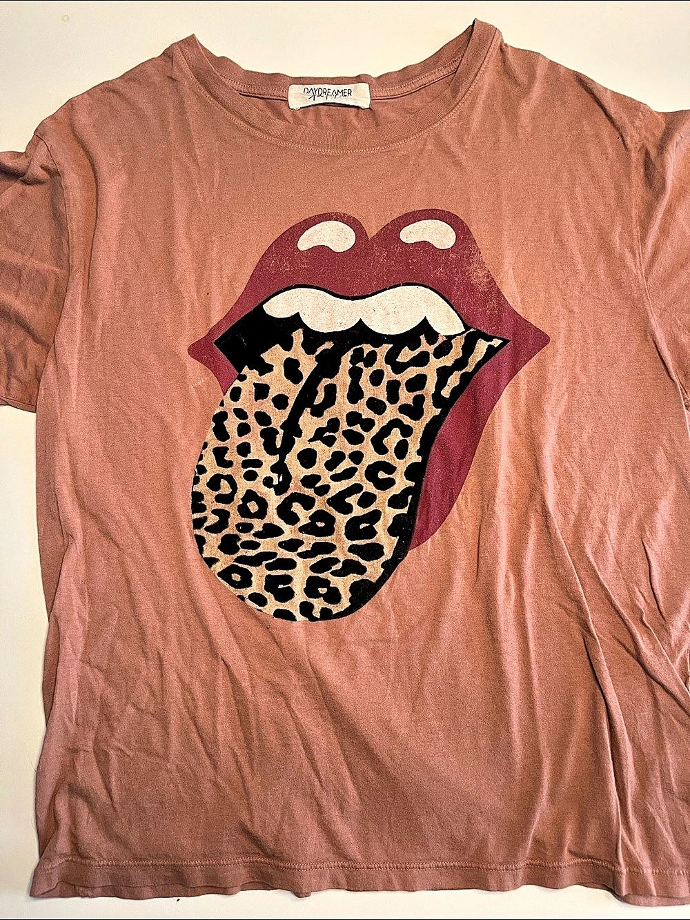 Daydreamer Rolling Stones Flocked Leopard Tongue Tour Tee Pink & Brown Medium
